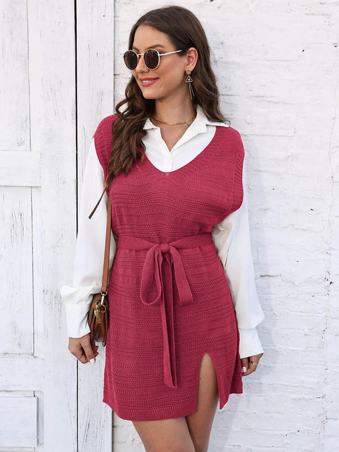 'Saira' V-Neck Sleeveless Sweater Dress - Celes Fashion